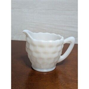 Vintage White Milk Glass Creamer Honeycomb Pattern Starburst Base Mid Century